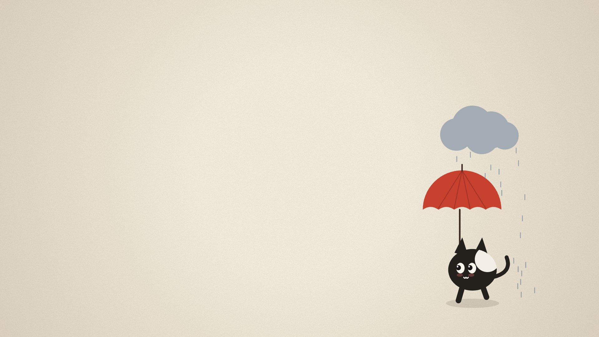A small black cat walking under a red umbrella, with a rain cloud above it